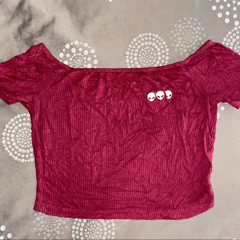Red Alien Graphic Off Shoulder Tee